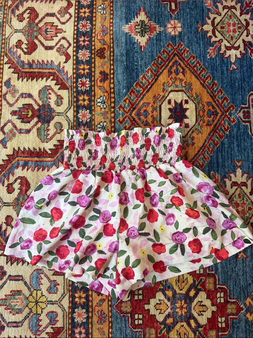 TCEC High-Waist Floral Shorts — White with Pink & Red Roses